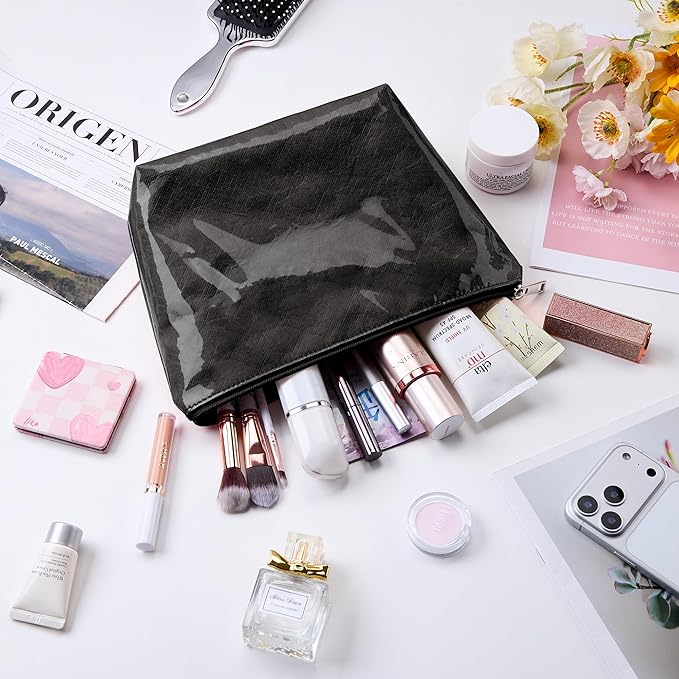 WLLWOO PVC Waterproof Makeup Bag Kraft Paper Cosmetic Bag Travel Toiletry Zipper Pouch Organizer for Women Purse