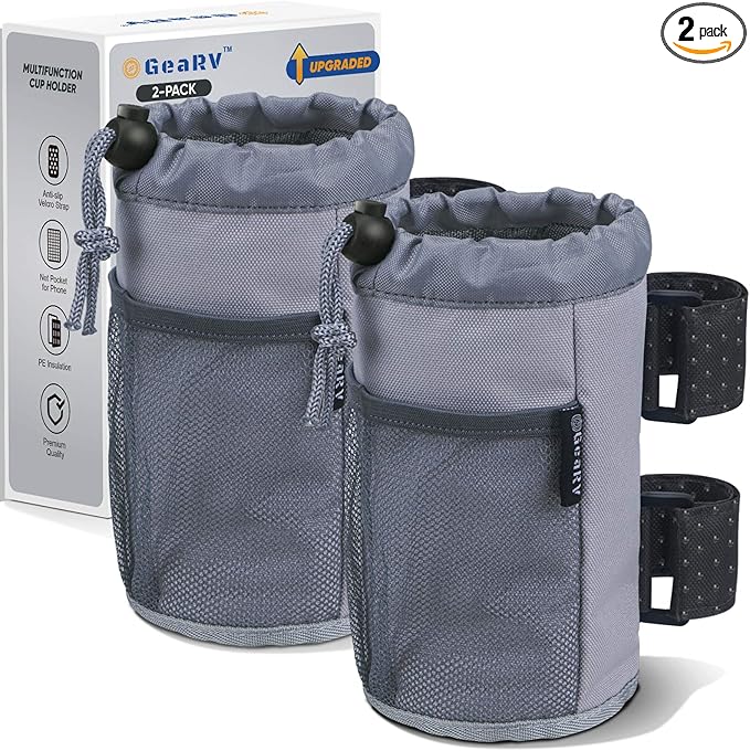 GEARV 2Pack Cup Holder for Bike, Scooter and Wheelchair, Water Bottle Holder for UTV/ATV, Walker, Golf Cart and Beach, Universal Drink Holder Accessories with Net Pocket and Cord Lock (Gray)