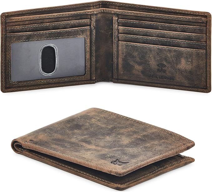 Real Leather Mens Bifold Wallet RFID Blocking Slim Minimalist Front Pocket - Thin & Stylish with ID Window in Gift Box (Crazy Horse, Moss)