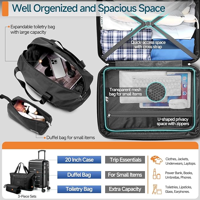 Hoteel Luggage Sets 3 Piece, 4-Yr Warranty, PC+ABS Hard Shell Expandable Suitcases with Wheels, TSA Aproved Lock and Carry on Bags, Travel Suit Case Set for Men and Women, (3-Piece, Black)