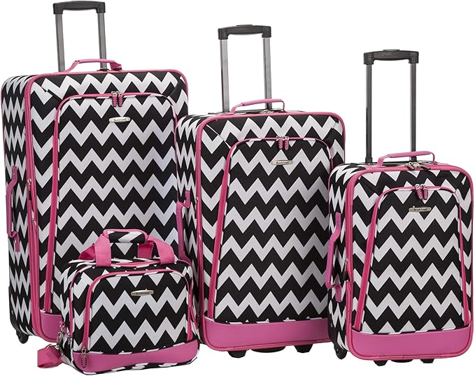 Rockland Escape 4-Piece Softside Upright Luggage Set,Telescoping Handles, Pink Chevron, (14/19/24/28)