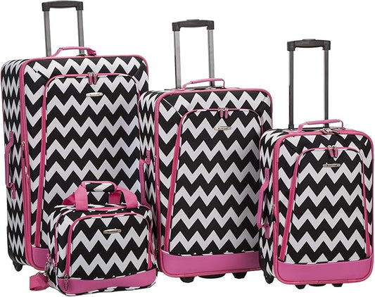 Rockland Escape 4-Piece Softside Upright Luggage Set,Telescoping Handles, Pink Chevron, (14/19/24/28)