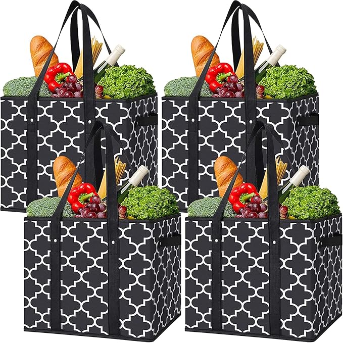 WISELIFE Reusable Grocery Bags 4-Pack Foldable Washable Large Storage Bins Basket Water Resistant Shopping Tote Bag Black