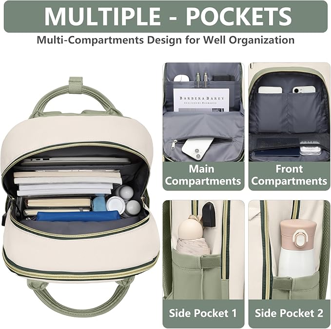 Laptop Backpack for Women Work Bag - Fits 17.3 Inch Laptop Bag Travel Work Backpack Anti-theft Bags with USB Charging Business Computer Waterproof Backpack Purse for Nurse Teacher Beige Light Green