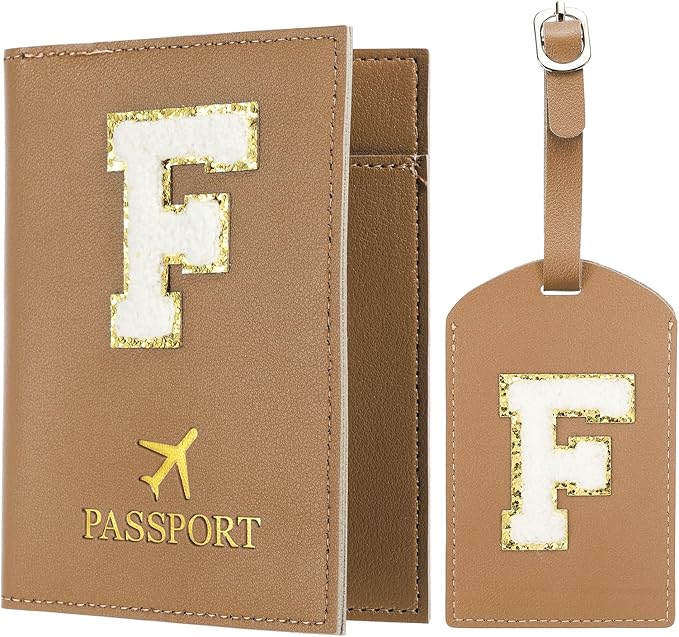PATIKIL Passport Holder for Travel, Initial Passport Cover and Luggage Tag Set with Alphabet Chenille Letter Patch Travel Wallet Bag Suitcase Identifier for Women Family Travel Brown F