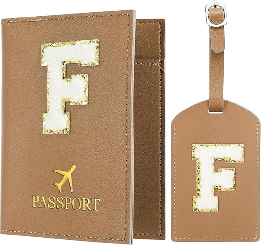 PATIKIL Passport Holder for Travel, Initial Passport Cover and Luggage Tag Set with Alphabet Chenille Letter Patch Travel Wallet Bag Suitcase Identifier for Women Family Travel Brown F