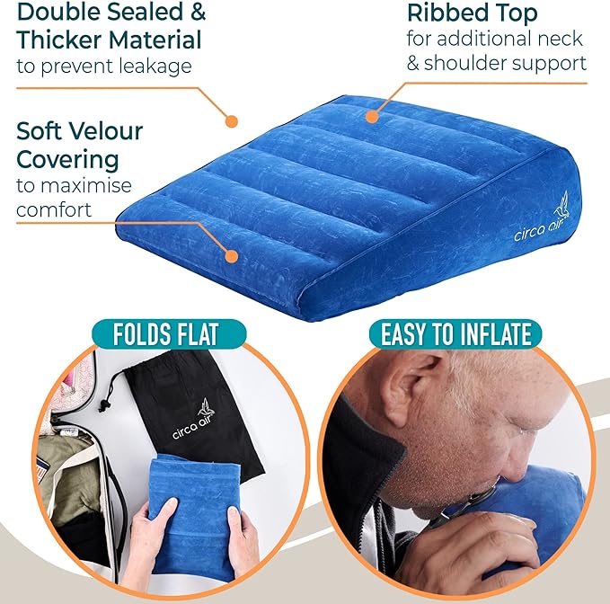 Circa Air Inflatable Wedge Pillow for Traveling - Travel Wedge Pillows for Sleeping in Bed, Acid Reflux, Sleep Apnea, Snoring for Back, Leg Elevation - Blow up Knee Pillow