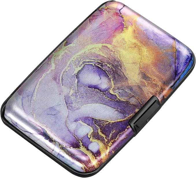 ELFISH Mini RFID Aluminum Wallet Credit Cards Holder Business Card Case Metal ID Case for Men Women（Light Purple Marble