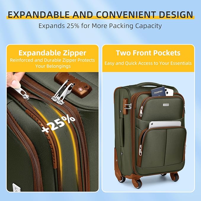 LARVENDER Softside Luggage Sets 3 Piece, Expandable Carry on Luggage 22x14x9 Airline Approved with TSA Lock Spinner Wheels, Lightweight Rolling Suitcase for Men and Women, Green/Brown