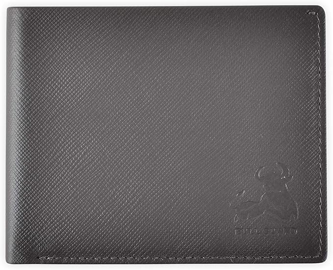BULLGUARD Mens RFID Blocking Wallet Bifold with Flip Up ID in Saffiano Grey Genuine Leather