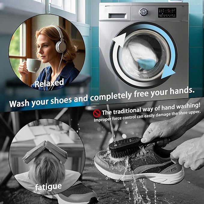 2Pcs Shoe Washing Machine Bag, Sneaker Laundry Bag for Washing Machine, Extra Long and Thick Microfibre Fluff, Reusable for Washer and Dryer (2pcs, White-blue)