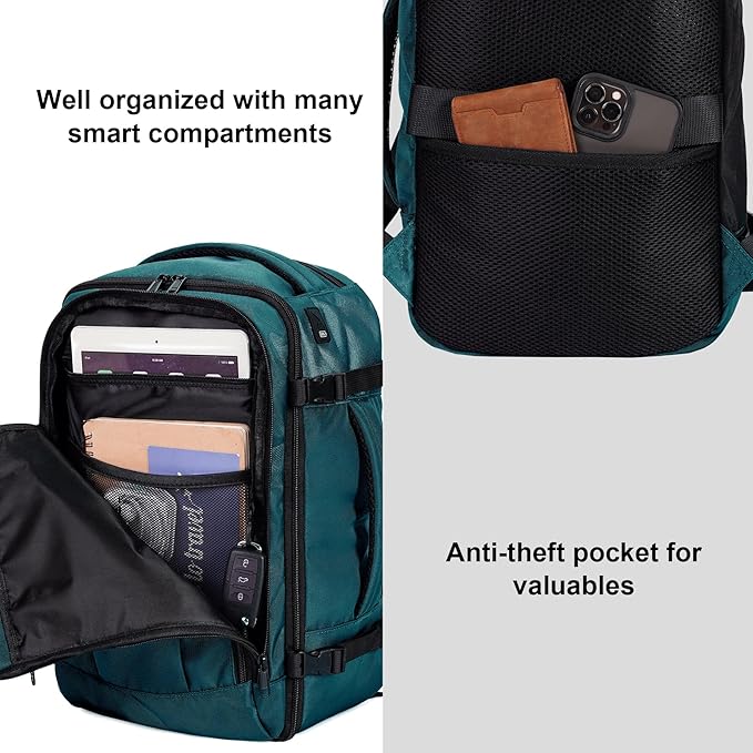 ECOHUB Travel Backpack 18x14x8 Spirit Airlines Personal Item Bag Carry On Backpack 13 Pockets Large Work Casual Daypack for men Airline Approved Waterproof Gym Backpack with Charging Port, Blue Green