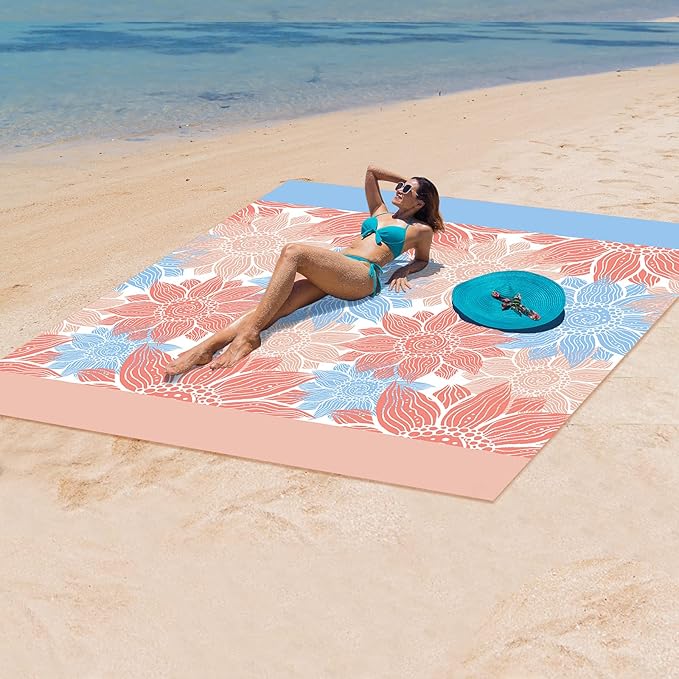 Beach Blanket Sandproof Extra Large Beach Mat Adults Waterproof Quick Drying Sand Free Mat Made by Premium Polyester with 4 Stakes & 4 Corner Pockets for Outdoor Travel Camping Hiking