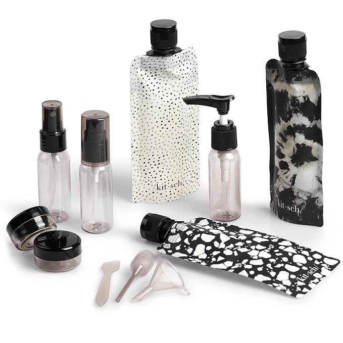 Kitsch 11 PCS Travel Containers for Toiletries – Travel Essentials Kit for Shampoo, & More - TSA Approved Bottles for Travel Size Toiletries, Leak-Proof Refillable Travel Containers - Black & Ivory