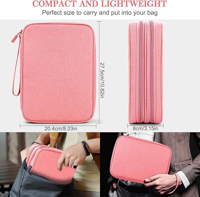 FYY Electronic Organizer, Extra Large Travel Cable Organizer Bag Pouch Portable Waterproof Double Layers All-in-One Storage Bag for iPad, Cable, Power Bank, Laptop Charger for Office/Home, Pink