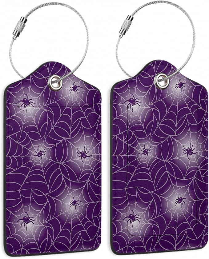Halloween Luggage Tags Set of 2 Purple Spider Web Leather Suitcase Tags with Stainless Steel Loop and Privacy Cover for Women Men Travel Luggage Accessories