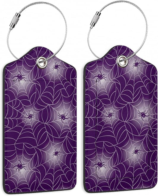 Halloween Luggage Tags Set of 2 Purple Spider Web Leather Suitcase Tags with Stainless Steel Loop and Privacy Cover for Women Men Travel Luggage Accessories