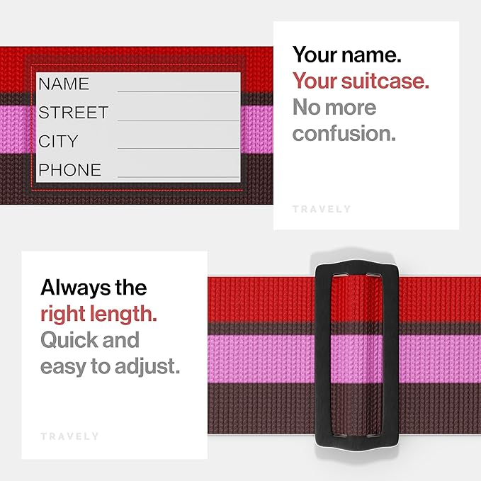 TRAVELY Luggage Straps - Particularly conspicuous & Secure - Incl. 4 Name Tags - Luggage Strap Ideal crosswise - [Set of 4]