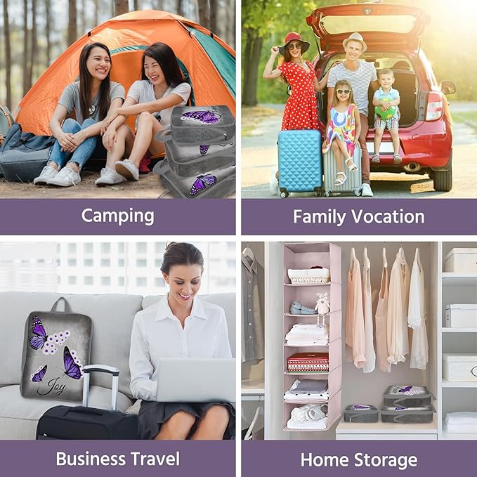 6 Pcs Compression Packing Cubes Waterproof Suitcase Travel Bag Luggage Backpack Organizer Travel Cubes for Packing-Purple Butterfly