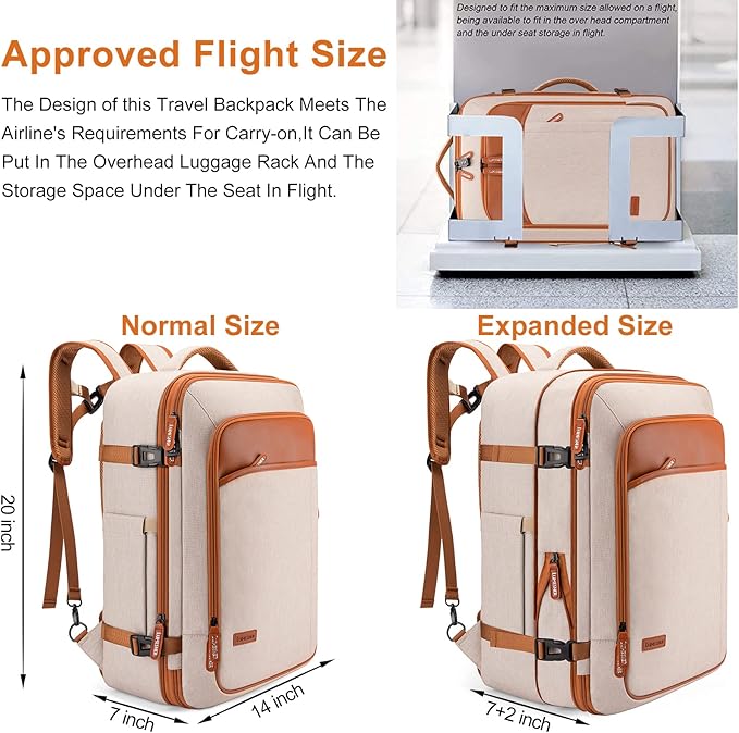 Lumesner Carry on Travel Backpacks, Extra Large 40L Flight Approved Bag for Men & Women,Expandable Suitcase Backpack With 4 Packing Cubes,Water Resistant Luggage Daypack Business Weekender Bag, Beige