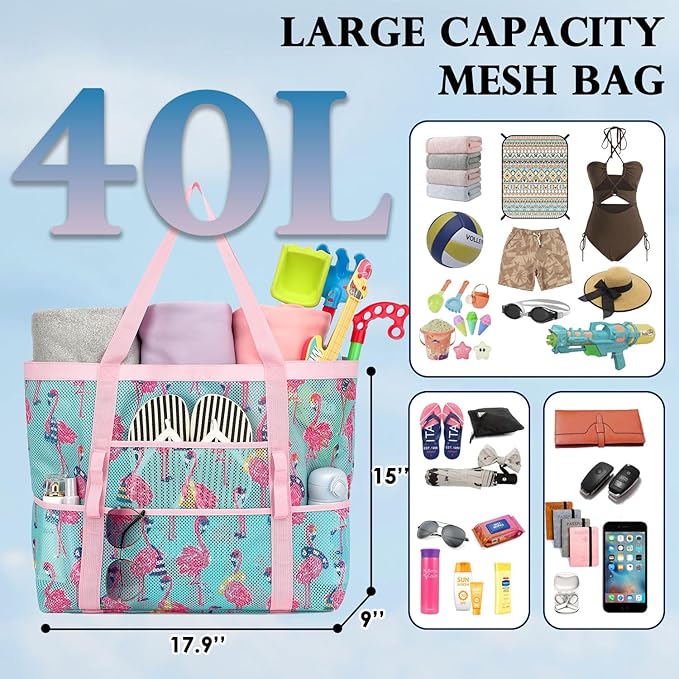 Fammart Mesh Beach Bag, Large Beach Tote with Zipper Pocket, Toys Pool Bag for Family Travel Vacation Cruise Essentials