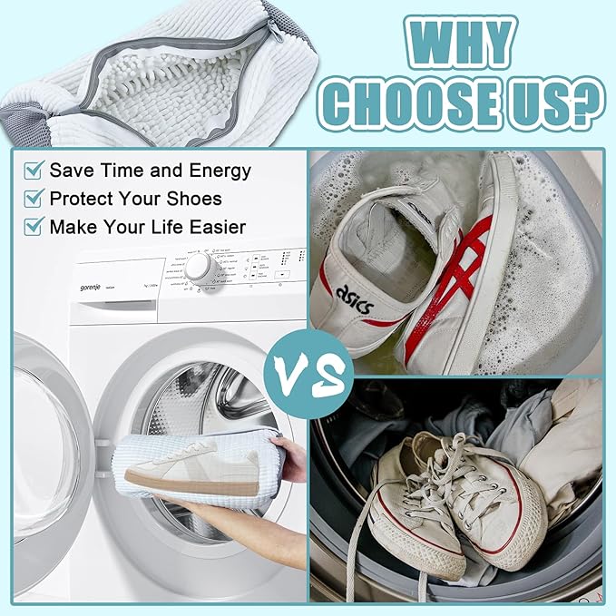 Shoe Washing Machine Bag, 2 Pack – Reusable, Fits All Shoe Types, 360° Deep Cleaning with Self-Locking Zipper, Wash Two Pairs at Once, Protects Shoes and Washing Machines(White)