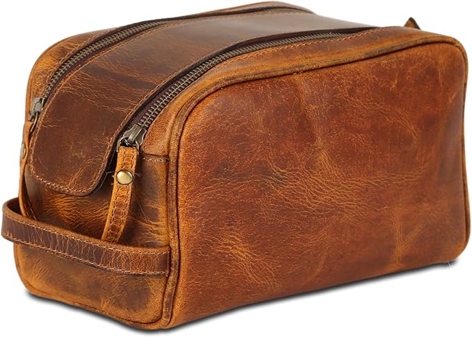 KomalC Travel Toiletry Bag – Premium Leather Dopp Kit for Men & Women with Water-Resistant Lining & Spacious Zippered Organizer