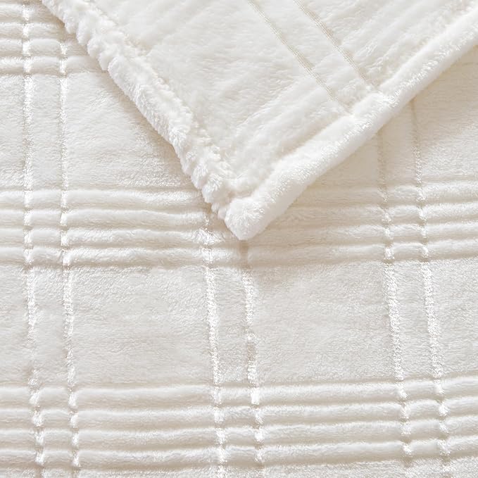Soft Cozy Plaid Fleece Throw Blanket, 50x60 Inches – 3D Jacquard Diamond Design, Lightweight Blanket for Couch, Sofa, Camping & Travel, Ivory White