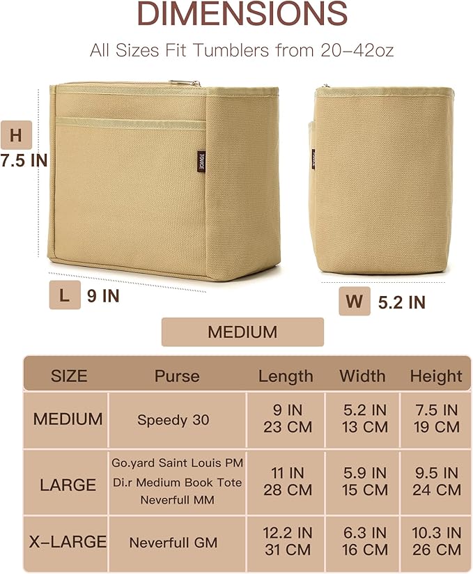 TOVICE Tote Bag Organizer Insert with Stanley Cup Holder and Zipper Bag, Compatible with Neverfull, Saint Louis and More, 9 Pockets (Beige, Medium)