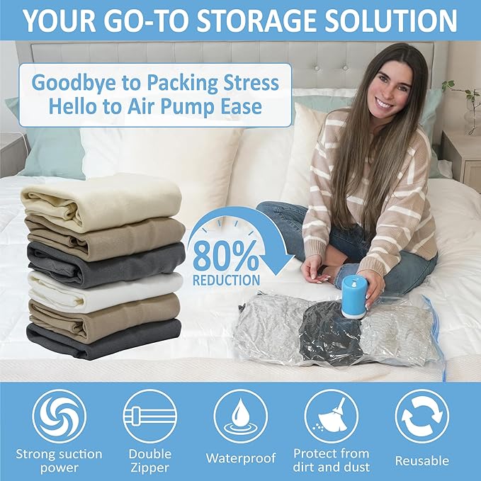 Cozy Essential Travel Vacuum Storage Bags with Rechargeable Cordless USB Pump, Space Saver Bags for Luggage, Suitcase, Carry-On, for Clothes, Blankets, Bedding & Seasonal Storage,12 Combo