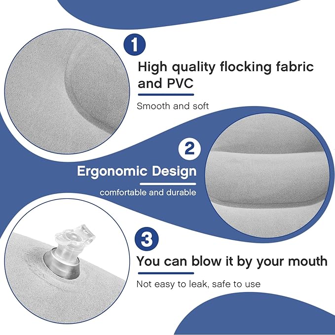 Maitys 5 Pieces Inflatable Travel Pillow Portable Compact Air Pillow Flocked Fabric Backpacking for Camping Hiking Home Office Sleeping Neck Head Lumbar Support(16.93 x 10.63 Inches,Gray)