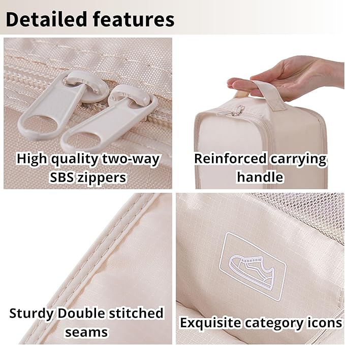 tianzong Travel Shoe Bag with Handle Holds 2 Pairs of Shoes, Shoe Packing Cubes for Travel (Beige, 2 Pack)
