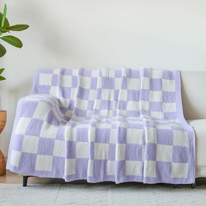 Checkered Blanket, Cozy Soft Throw Blankets for Couch Bed, Fluffy Plaid Lightweight Comfy Travel Picnic Blanket Gifts for Sofa Chair Living Room Camping (Lavender Purple, Throw 50"x60")