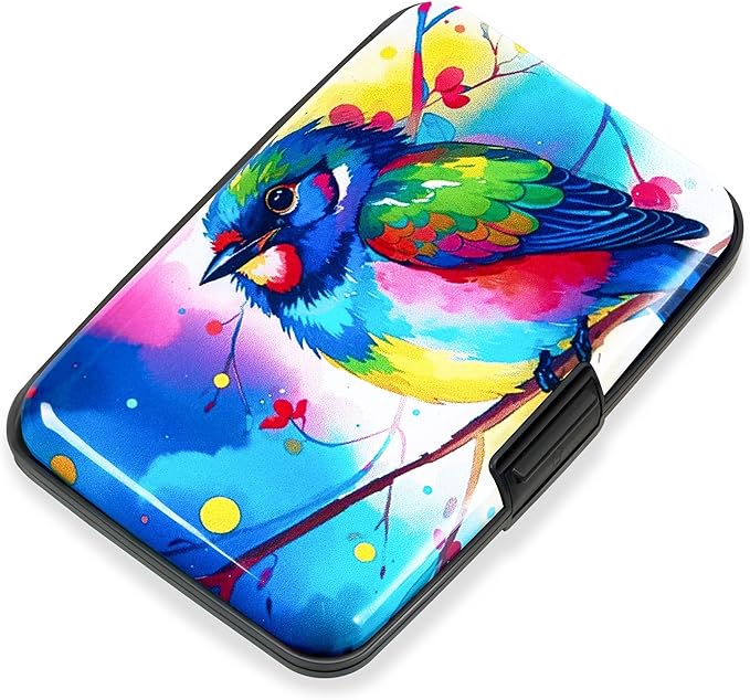 Mayski Credit Card Holder, RFID Blocking, Aluminum Alloy Hard Case, Small Mini Business Metal Wallet for Women Men, Colorful Bird