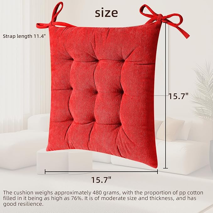 HLOVME Corduroy Chair Cushion with Ties Ultra Soft Warm Floor Cushion for Kids Reading Nook Comfortable Square Seat Cushion for Adult 15.7”x15.7”, Bright red
