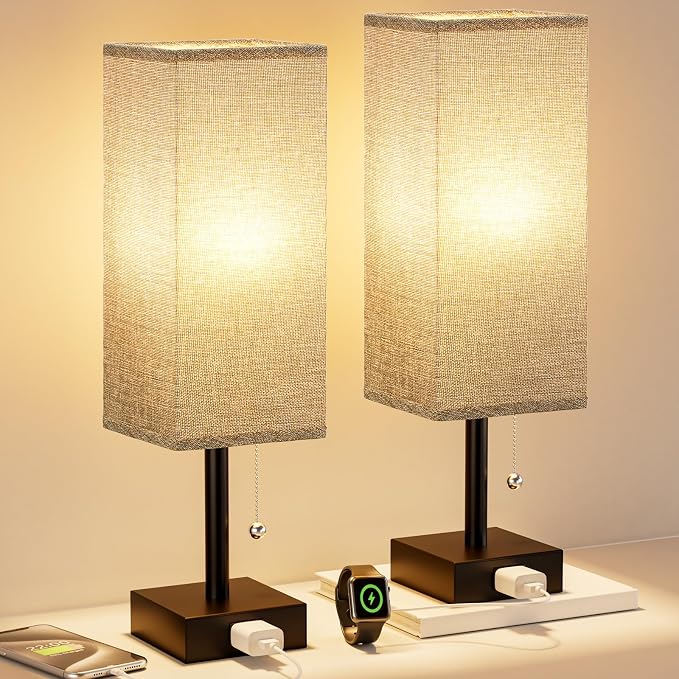 Bedside Lamp for Bedroom Set of 2 - Grey Table Lamp for Nightstand | AC Outlet, 3 Color Temperatures, LED Bulb Included, Pull Chain Design, 14" Rectangular Desk Lamp for Dorm/Office, 2-Pack