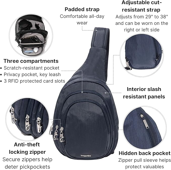 Baggallini Securtex® Anti-Theft Multi Zip Sling - Lightweight 8.6"x15.2" Travel Bag with Locking Zippers & RFID Protection