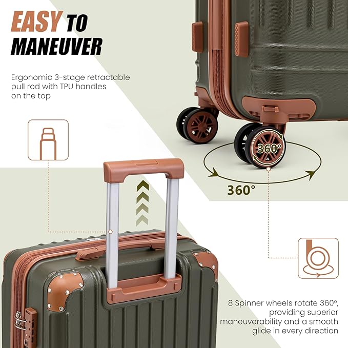 KUNEL Expandable 5 Piece Luggage Sets with Detachable Spinner Wheels and TSA Lock, Unisex Hardside ABS Suitcase Set, Hardshell Lightweight Waterproof Travel Hard Case Suitcases with Wheels, OliveDrab