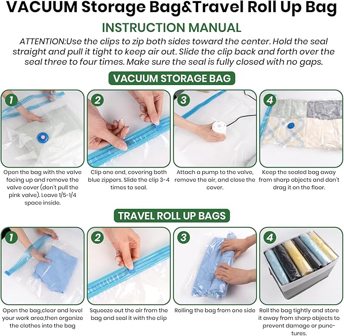 Vacuum Storage Bags,30Pack Vacuum Seal Bags for Clothing,Travel,Clothes,Comforters,Blankets,Pillows-6 Jumbo+6 Large+6 Medium+6 Small+6 Roll Up Space Saving Bag Hand Pump Included