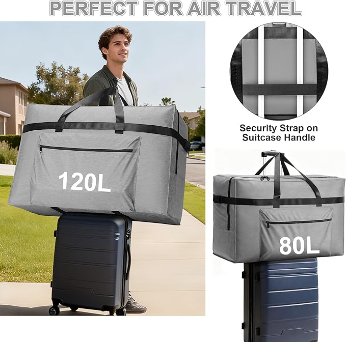 SUNUP Large Duffle Bag for Travel, 80L Foldable Travel Duffel Bag for Men Women, Waterproof Overnight Weekender Moving Storage Bags, Gray