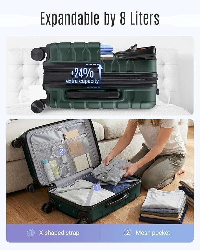 LIGHT FLIGHT Carry On Luggage 22x14x9 Airline Approved, Expandable Carry On Suitcases with Wheels, Lightweight Luggage, Durable Hard Shell 20 Inch Rolling Suit Case for Men Women Travel, Deep Green