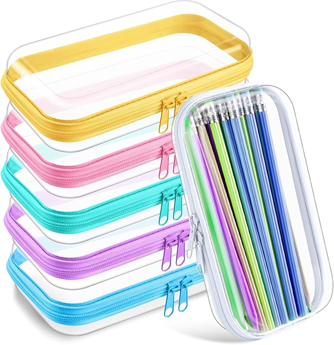 Sanwuta 6 Pcs Clear Hard Zipper Case Plastic Zipper Pouches Transparent Makeup Bag Pencil Case Pouches Toiletry Diaper Bag for Travel Toy Storage Organizer Bins(Colorful,7.48 x 3.94 x 2 Inch)