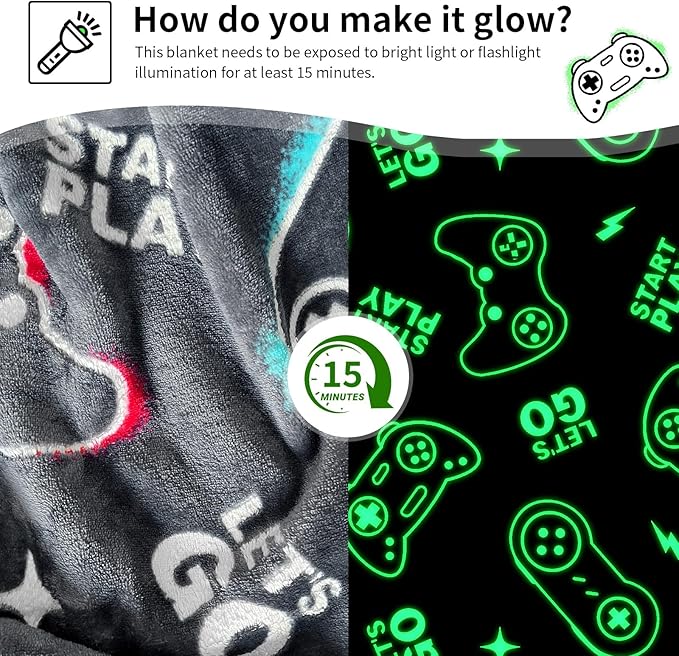 TEHALK Gaming Blanket for Boys, Glow in The Dark Gamer Blankets for Teen Boys, Gaming Gifts for Men, Cool Gamer Gifts, Birthday 40"x 60"