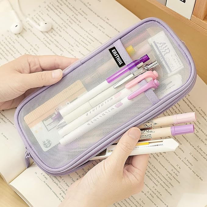 EASTHILL Grid Mesh Pen Pencil Case with Zipper Clear Makeup Color Pouch Cosmetics Bag Multi-Purpose Travel School Teen Girls Transparent Stationary Bag Office Organizer Box for Adluts(Purple)