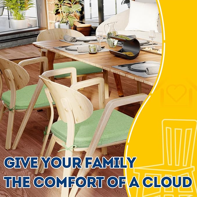 AAAAAcessories D-Shaped Chair Cushions, 2" Thick Dining Chair Pads with Ties and Removable, Machine-Washable Cover, 17" x 16", Set of 6, Pear Green