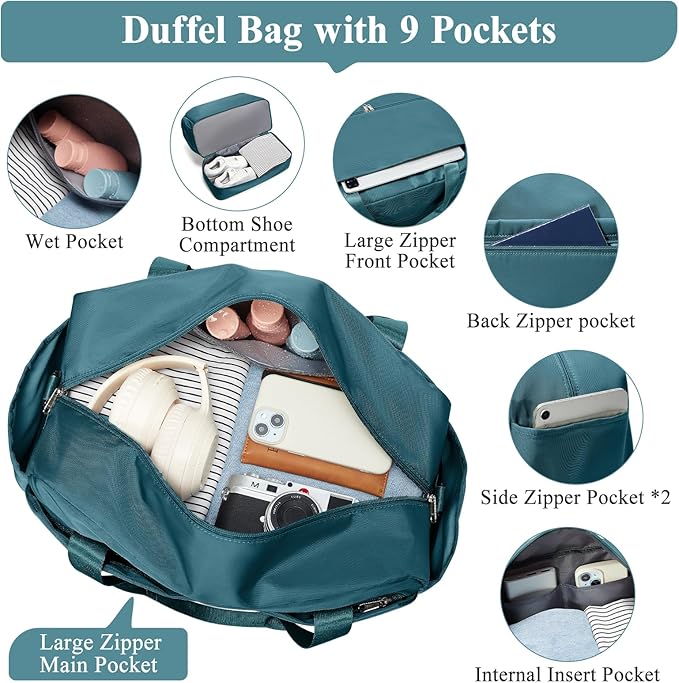 Travel Duffel Bags for Women, Carry-on Overnight Weekender Bag with Wet Pocket & Toiletry Bag, For Spirit Airlines 18x14x8 Personal Item Bag