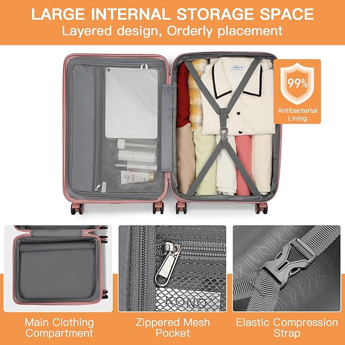 Kono Expandable Luggage 3 Piece Set Hardshell Lightweight 20in 24in 28in Carry On Suitcase with Spinner Wheels TSA Lock(Nude/Rose Gold)