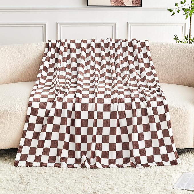 Brown Checkered Blanket, Ultra Soft Cozy Flannel - Checkered Grid Print Throws for Bed Sofa Couch, Luxury Throw Blanket for All Seasons, 50x60 Inch, Brown