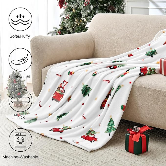 Christmas Blanket - White Holiday Throw with Santa Claus & Snowman - Warm Cozy Fleece Winter Blanket, 60x80 Inches，White