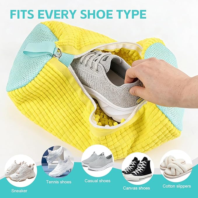 Shoe Washing Machine Bag 4pcs Reusable Sneaker Washing Bag with Built-in Fluffy Brushes for 360° All-Around Cleaning. Laundry Shoe Bag is Designed for Washer and Dryer （Yellow 4pcs）